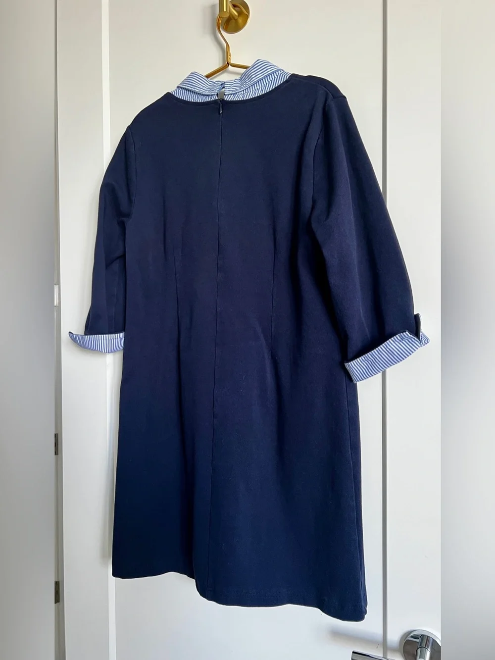 Talbots Navy Blue Cotton Dress Striped Collar Coastal Preppy Pockets Size Medium - Picture 15 of 16